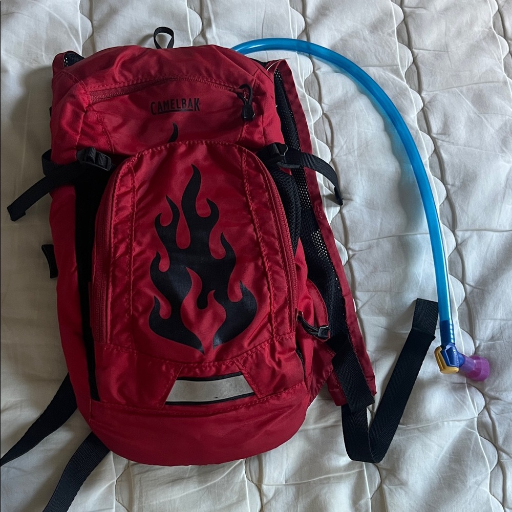CamelBak Red Backpack with Black Flame and Blue Tube